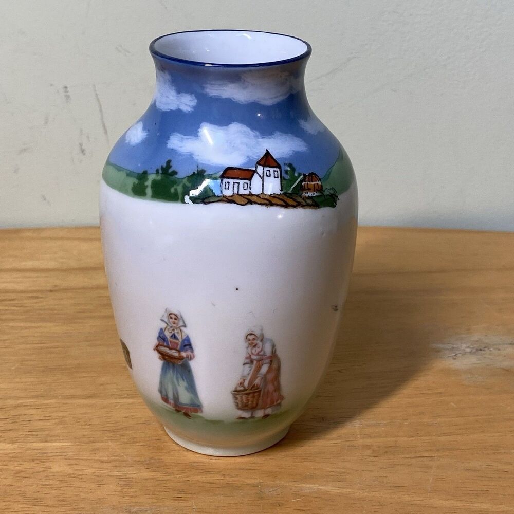 Royal Bayreuth Bavaria Porcelain Vase Featuring Hand Painted Village Life Motifs
